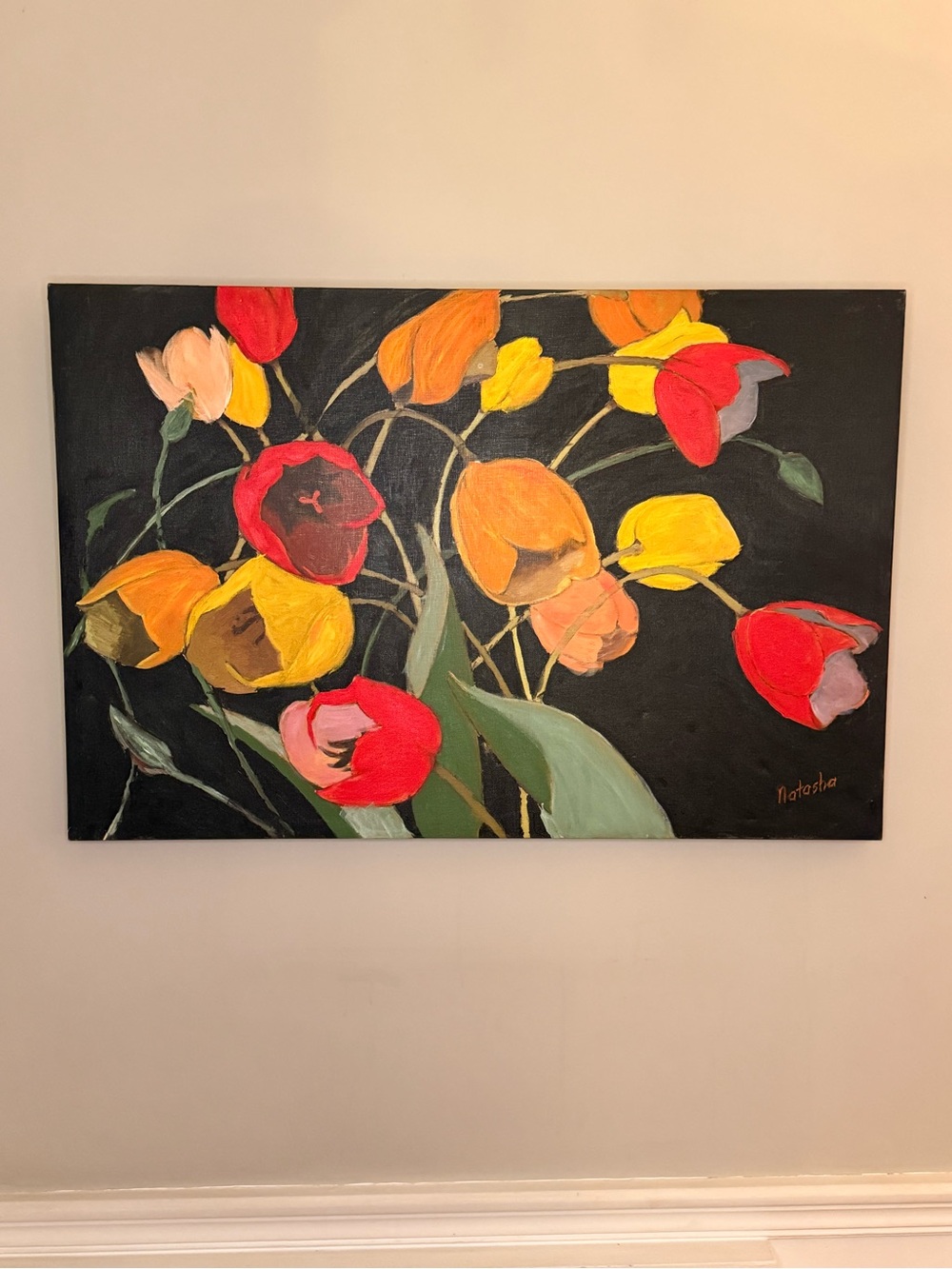 Natasha Couture Bold Tulip Bouquet in Red, Yellow and Orange on Black